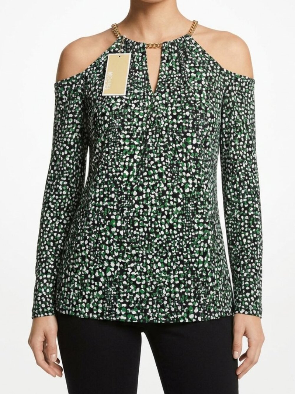 MICHAEL Michael Kors Chain-Link Cold-Shoulder Top Green Cheetah Print NWT